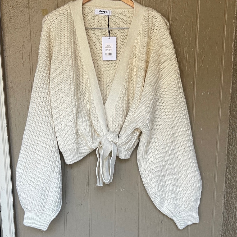 Showpo Rosanna jumper recycled knitted v neck wrap Knit Cardigan in ivory size 8